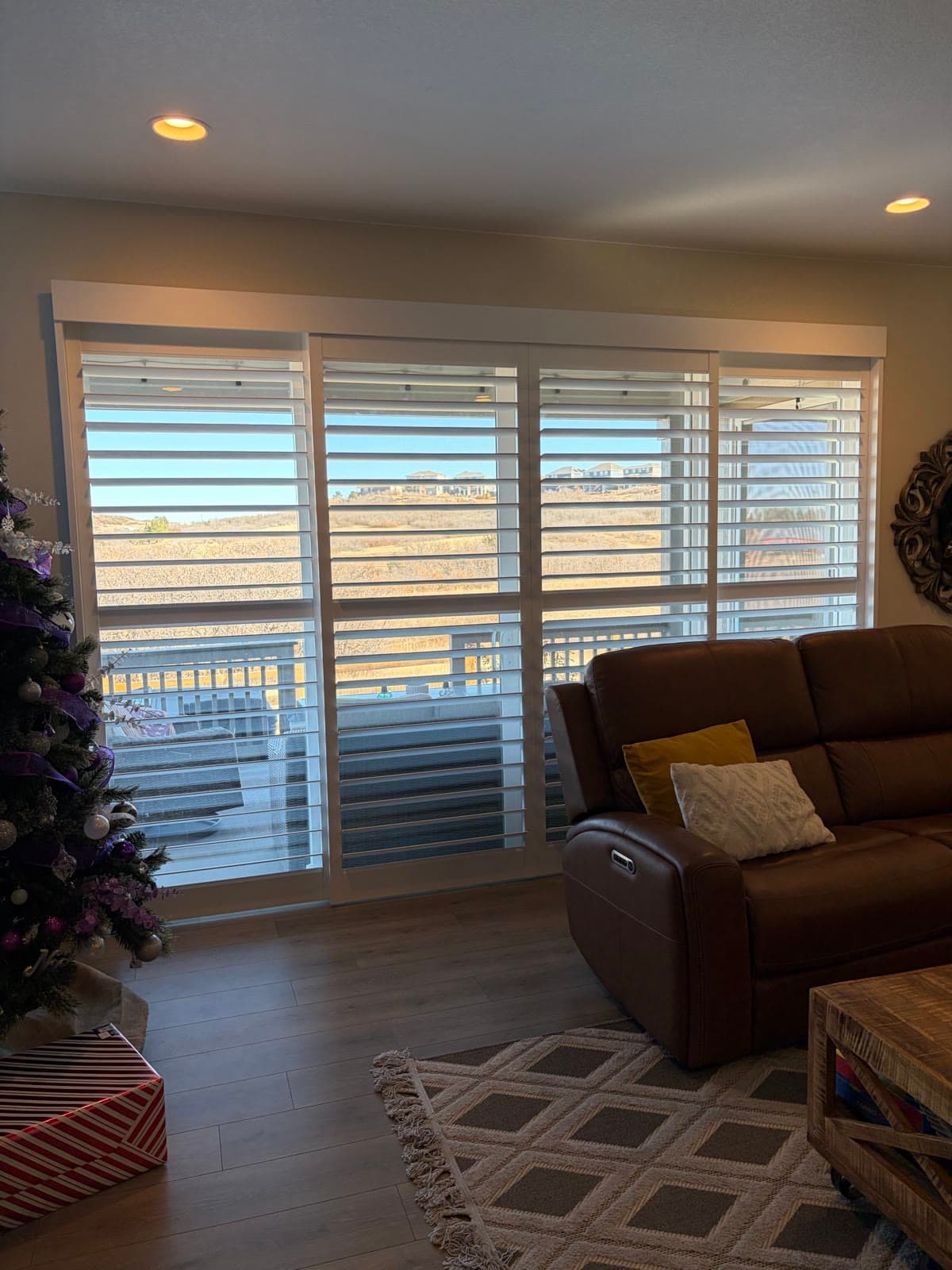 Bypass track shutters closed across a living-room patio door