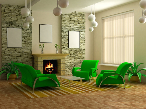 A cozy living room with green chairs surrounding a fireplace