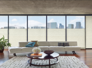 floor to ceiling blinds in apartment loft overlooking city